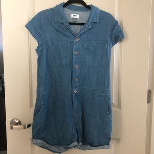 Denim Romper with Pockets.